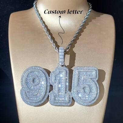 Customized Geometric Cubic Zirconia Letter Pendant, Brass Cubic Oxidized Cubic Pendant, Hip Hop Style, Personalized Couple Necklace, Comes With 50cm Braided Chain,Jewellery For Ladies