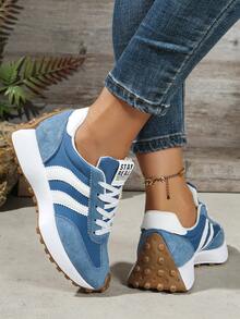 Women's Spring/Autumn White Sneakers, Low-Top, Lightweight, Non-Slip, Wear-Resistant, Low Heel, Round Toe, Breathable, Comfortable Lace-Up Casual Outdoor Sports Shoes - Dusty Blue - View 5