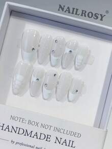 10pcs Handmade Press On Gift Box Included Clean White Nude Almond Nails 3D Textured Crocodile Spiral Pearl French Tip Elegant Soft Luxury Reusable Bridal Office Daily False Nails Nailrosy - 白色 - 查看 9