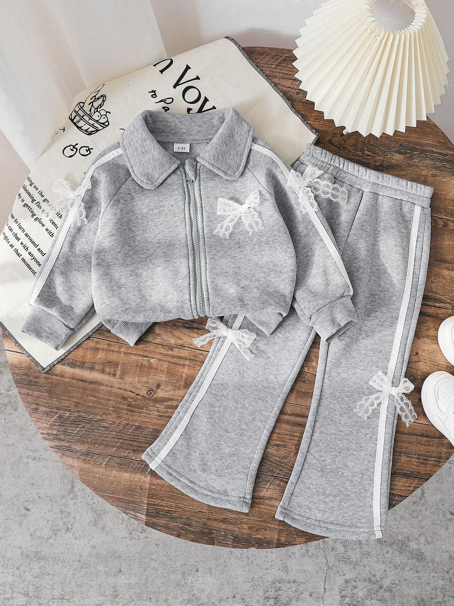 秋冬新款3D蕾丝蝴蝶结领长袖休闲上衣和3D蕾丝蝴蝶结休闲裤套装 - 灰色 - 查看 1