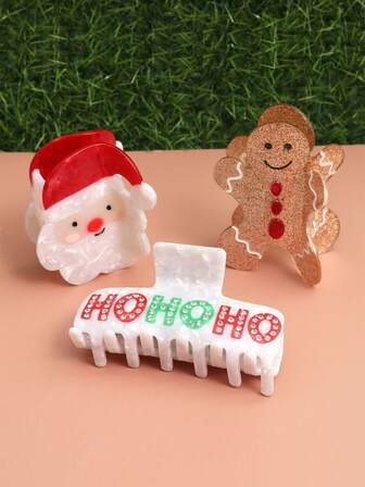 1个女士圣诞节爪形圣诞老人饼干绿色字母爪夹，适合作为可爱的节日礼物发夹，冬季发饰，优雅发爪