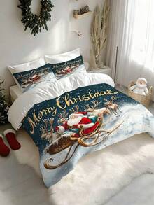 Decorațiuni de Crăciun, set de lenjerie de pat cu husă de pilotă, 2/3 buc, cu imprimeu de Moș Crăciun și reni, roșu, verde și auriu, set de pilotă, cu 1 husă de pilotă și 2 fețe de pernă, cuvertură de pat king-size, cearșaf de pat, poliester moale, prietenos cu pielea, lavabil la mașină, curățare chimică. Este potrivit pentru decorarea casei și a dormitorului, decorul camerei, decorul dormitorului, articole de decorare a camerei, set de pilotă queen-size, este un cadou bun de ziua de naștere.
