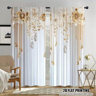 2 Pcs Polyester Light Filtering Curtains - High Definition White Gold Flower Pattern Printing For Bedroom, Living Room, Office And Home Decor, Rod Pocket Design