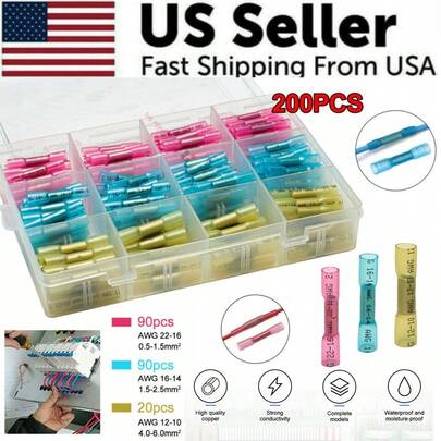 200PCS Heat Shrink Butt Wire Splice Connectors Seal Crimp Terminals