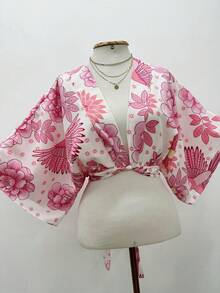 KISTYLE Crepe Blouse With Batwing Sleeves And Tie - Baby Pink - View 1