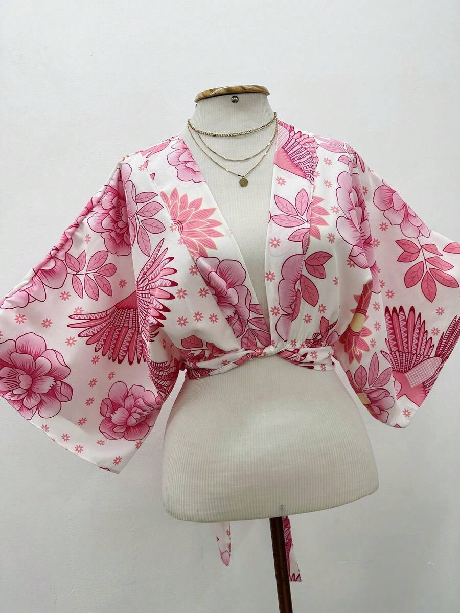 KISTYLE Crepe Blouse With Batwing Sleeves And Tie - Baby Pink - View 1