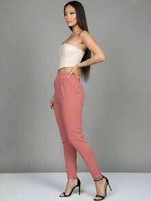 Women's High Stretch Knitted Casual Long Pants With Pockets Elegant Skinny Straight Leg Style - Cẩm lai - Xem 2
