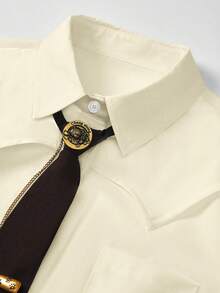 Women's Striped/White/Black Asymmetrical Hem Shirt With Tie: It Combines Vintage Western, Retro, And Casual Styles, And Is Very Suitable For Fashionable Women In Daily And Dating Occasions, As Well As For Students Returning To School And Campus Parties. - 杏色 - 查看 3