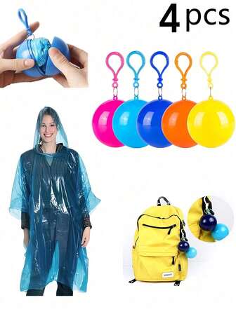 1/4pcs Adult Emergency Rain Poncho, Key Chain Ball With Rain Coat, Suitable For Outdoor Cycling, Hiking, Outdoor Sports And Amusement Parks, Essential For Rainy Days