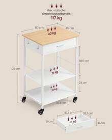 Küchewagen mit Rollen, mobiler Servierwagen mit Stauraum, Kücheninsel, 47 x 60 x 90 cm, 45 x 98,7 x 90 cm, Schublade, 2 Haken, für Esszimmer - Eichenbeige-Mattweiß - Übersicht 5