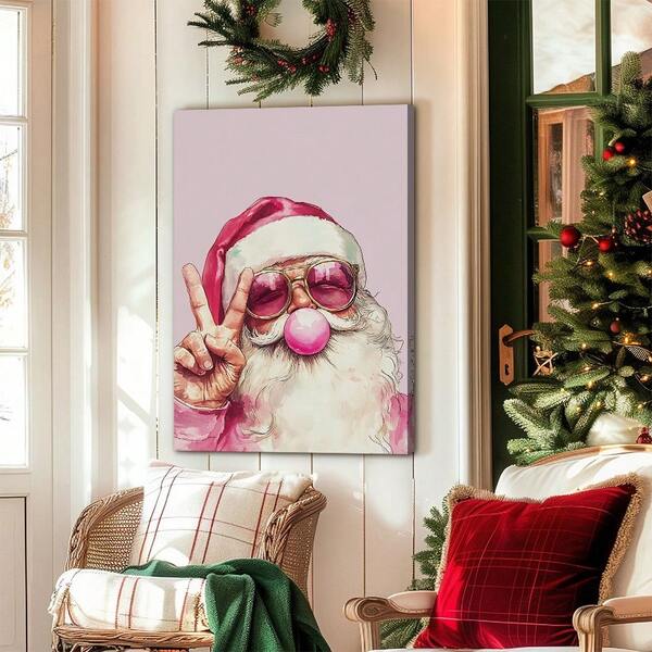 Funny Pink Santa Claus Canvas Poster, Modern Christmas Art, Santa Portrait Painting, Festive Wall Decor, Autumnal Decoration, Ideal Gift For Room, Living Room, Bedroom, Hallway, Frameless