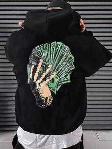 Rich Fashion Print, Men's Casual And Cozy Hoodies,  Long Sleeve Hooded Sweatshirt, Casual Versatile Top For Autumn Winter,Fall Hoodies,Men's Fall Clothes,Street Wear,Halloween,Mens Hoodies,Y2k Clothes,Jesus Hoodie,Thanksgiving Day,Nightmare Before Christmas,Christmas - Black - View 1