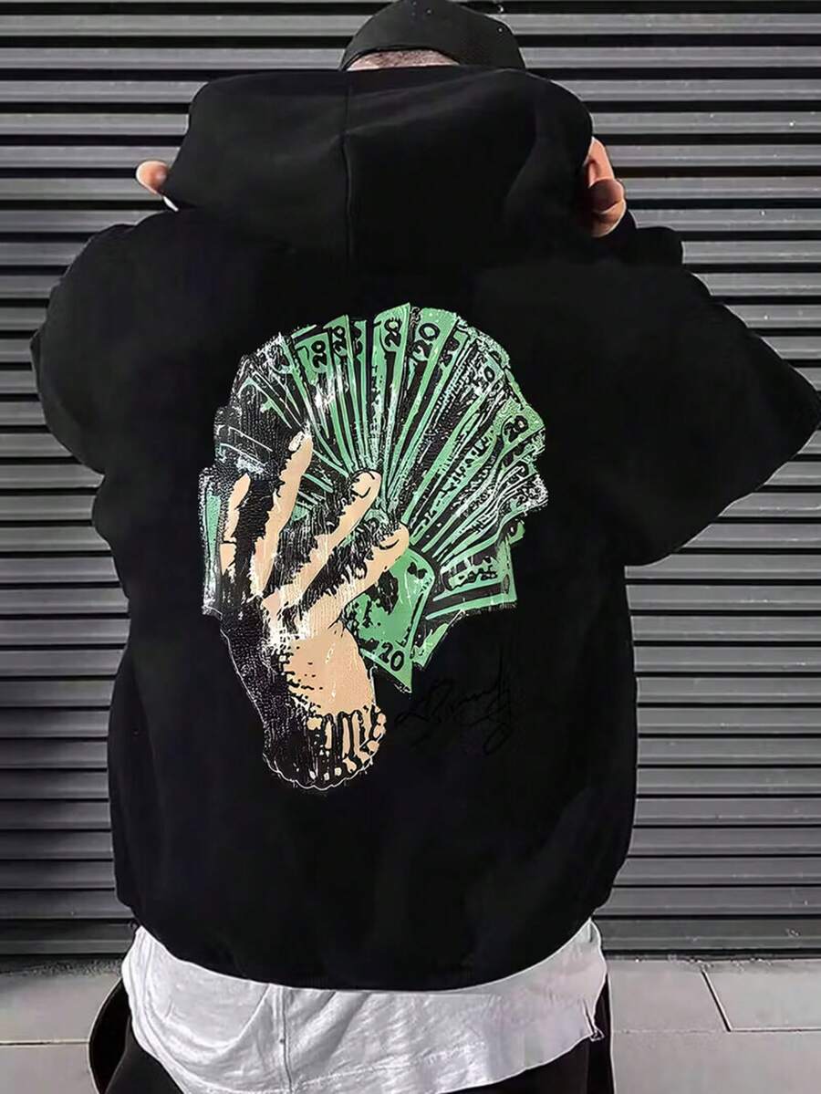 Rich Fashion Print, Men's Casual And Cozy Hoodies,  Long Sleeve Hooded Sweatshirt, Casual Versatile Top For Autumn Winter,Fall Hoodies,Men's Fall Clothes,Street Wear,Halloween,Mens Hoodies,Y2k Clothes,Jesus Hoodie,Thanksgiving Day,Nightmare Before Christmas,Christmas - Black - View 1