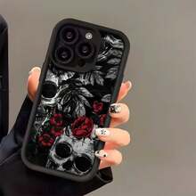 Funda de Teléfono con Patrón de Rosa y Calavera Sonriente, Compatible con 16 Pro/16 Plus/16 Pro/16/15 Pro/15 Plus/15 Pro/15/14 Pro/14 Plus/14 Pro/14/13 Pro/13 Pro/13/12 Pro/12 Pro/12/11 Pro/11 Pro/11/XS/XR/X/Plus, Funda Protectora Suave de TPU Resistente a Impactos y Suciedad - Colores mixtos - Ver 3