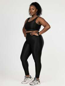 Plus Size Women's Ribbed Fitness Set Gym Top And Shiny Sports Leggings - màu đen - Xem 4