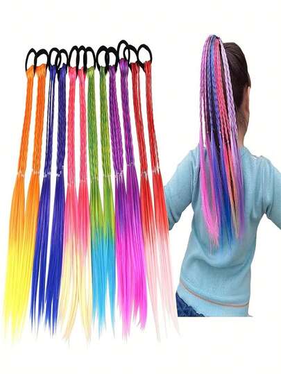 4 piezas Accesorios para el cabello de niñas - Pelucas de colores, cuerdas trenzadas, sujetadores de cola de caballo y diademas - 1/4/6 colores (selección aleatoria)