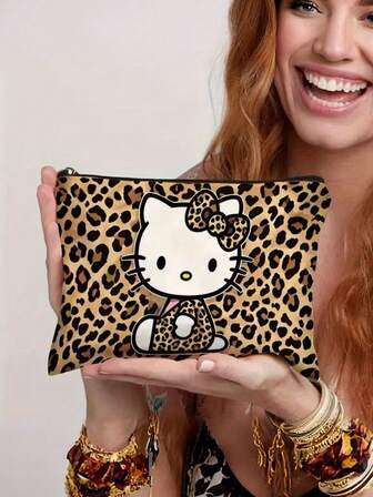 Sanrio 1pc For Hello Kitty Stylish Leopard Print Design Makeup Bag - Perfect For Travel And Daily Makeup Storage Size, Good Gifts For Halloween And Christmas., Clutch, Pocket, Women's Clutch, Gifts For Women, Christmas Gifts, Gift Ideas For Women