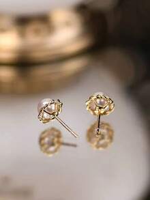 Boucles d'oreilles en perle en argent sterling S925, design rond classique, élégant à la française, délicat et minimaliste, convient à tous