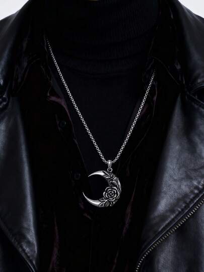 1 pieza Collar colgante con flor de rosa y luna, estilo gótico vintage, adecuado para hombres, para fiesta y uso diario