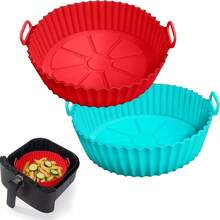 2 Non-Stick Air Fryer Mats - Heat Resistant Up To 446°F (230°C), Anti-Slip Base - Reusable, Even Cooking, Easy To Clean - Compatible With Instant Pot, Oster, Shark Tank - Oven And Microwave Accessories (Red + Blue), Corrugated Texture Design - 紅色藍色 - 查看 6