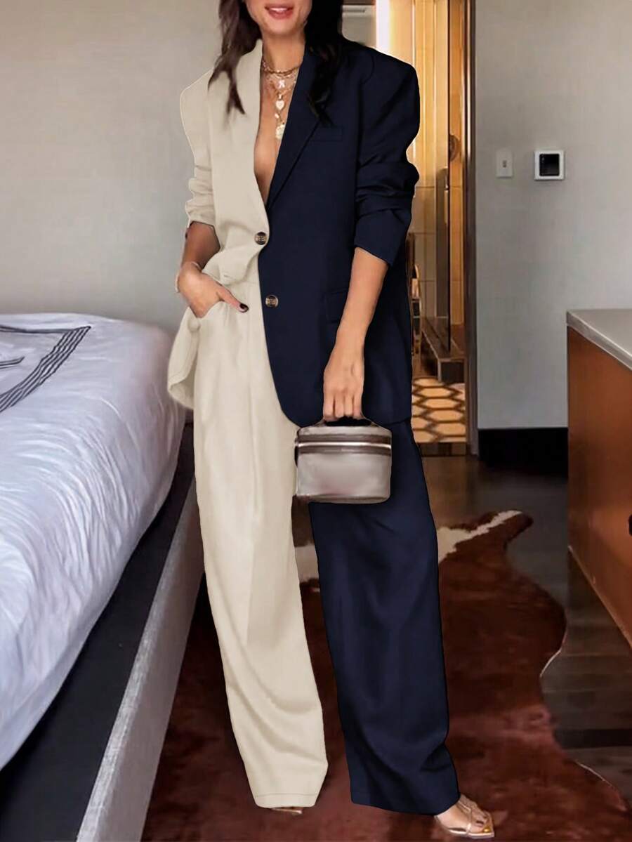 女款休閒百搭通勤拼接色長袖西裝外套套裝，四季春秋冬適用 - 杏色藏藍 - 查看 1
