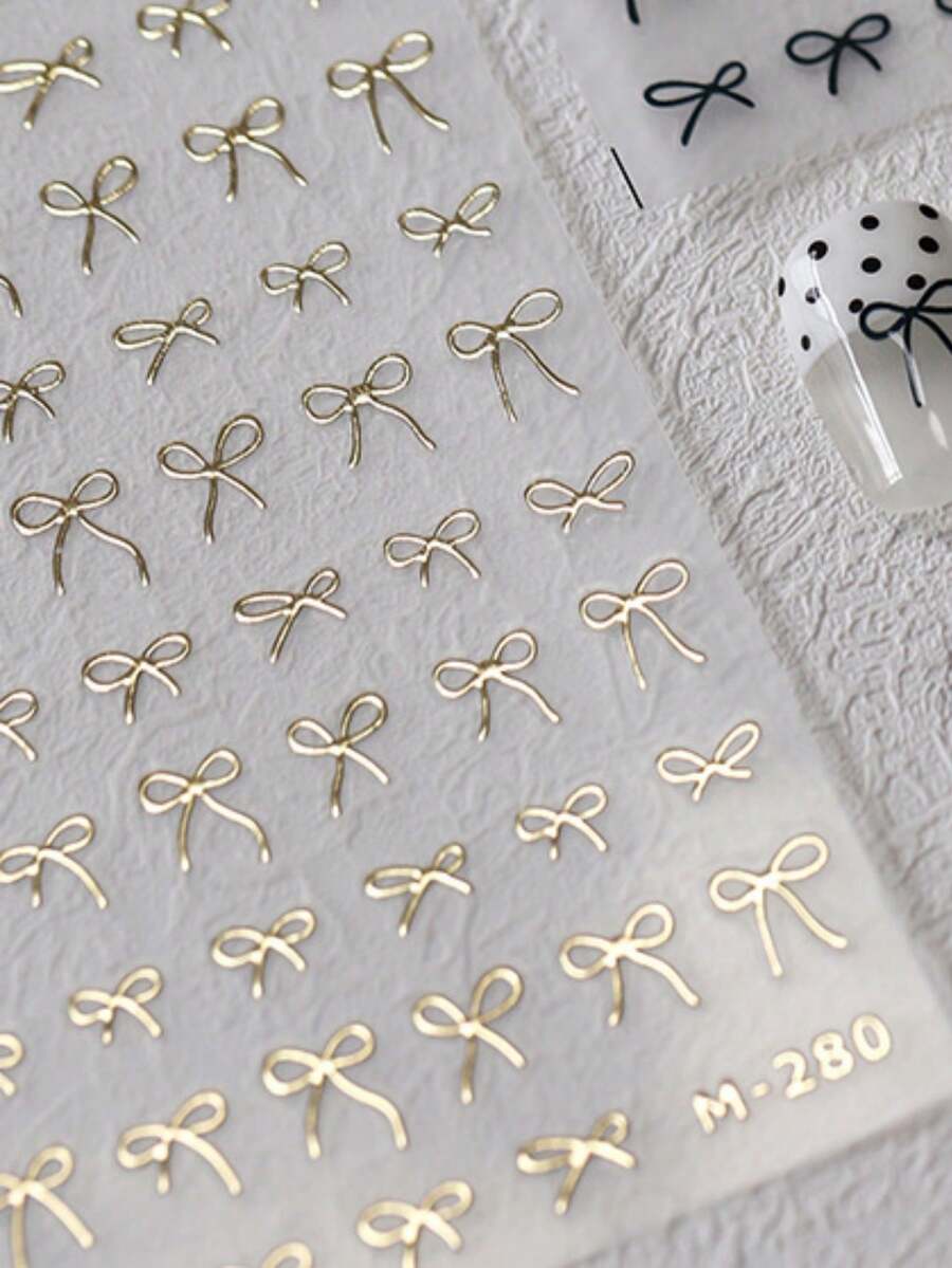 1pc 5D Elegant Minimalist Gold Bow Press-On Nail Stickers Simple Metallic Ribbon Knot Nail Art With Luxurious Shimmer Chic Nails For Women's Sophisticated DIY Manicure Decals - Multicolor - View 1