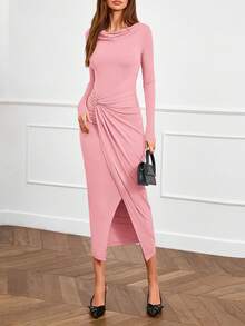 PRETTYGARDEN Women's Spring Fall Wedding Guest Cocktail Midi Dresses Elegant Long Sleeve Bodycon Ruched Dress  Fashion Clothing  New Years Valentine Dresses For Women Vestidos Elegantes De Mujer - 粉色 - 查看 3