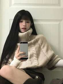 Áo len cổ lọ màu xám dáng rộng phong cách Hàn Quốc dành cho nữ, hàng mới về mùa thu, áo len dáng rộng tôn dáng - Màu Khaki - Xem 3