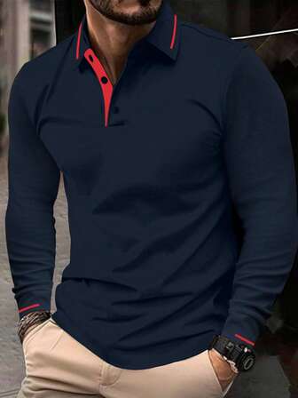 1 件大码男士休闲纯色纽扣领长袖 Polo 衫，适合春秋季节