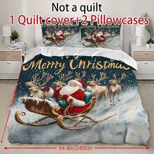 Decorațiuni de Crăciun, set de lenjerie de pat cu husă de pilotă, 2/3 buc, cu imprimeu de Moș Crăciun și reni, roșu, verde și auriu, set de pilotă, cu 1 husă de pilotă și 2 fețe de pernă, cuvertură de pat king-size, cearșaf de pat, poliester moale, prietenos cu pielea, lavabil la mașină, curățare chimică. Este potrivit pentru decorarea casei și a dormitorului, decorul camerei, decorul dormitorului, articole de decorare a camerei, set de pilotă queen-size, este un cadou bun de ziua de naștere.