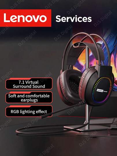 Lenovo 联想有线游戏耳机，7.1 环绕声，游戏麦克风，RGB 照明，适用于台式机和笔记本电脑，USB 连接