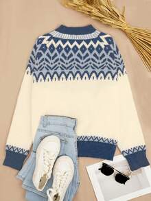 2025 Autumn/Winter New Women Casual Fashion Round Neck Colorblock Geometric Pattern Knit Pullover