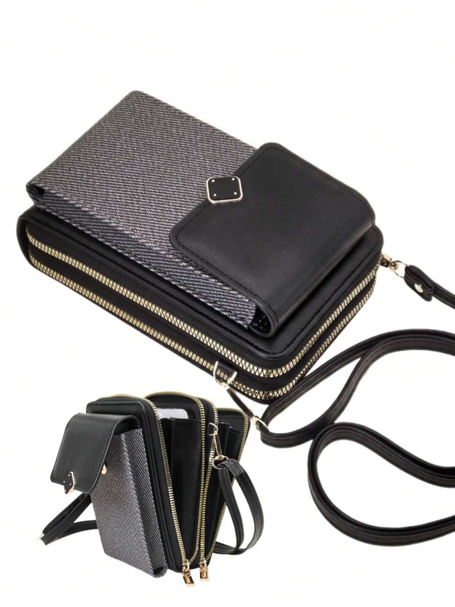 Women's Straw Crossbody Bag PU Leather Patchwork Design Multi-Compartment Wallet With Zipper Compact And Lightweight Suitable For Shoulder Wear For Women Mini Wallet Small Wallet Card Wallet For Men Wallet Purse Wallet - Black - View 1