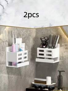1pc Wall Mounted Bathroom Storage Organizer Box For Toothbrush, Razor And Beauty Tools - No Drilling Required, Durable Plastic, Multi-Layer Design, Space-Saving Sink Or Shower Storage Solution, Bathroom Accessory, Shower Caddy