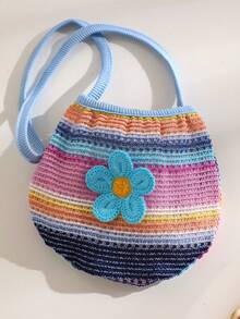 Baby Girls' Casual Vacation Style, Fashionable Sweet Cute, Floral Striped Strap Romper With Bag