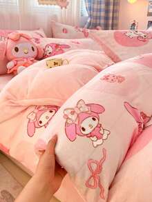 2-3 piezas Juego de ropa de cama Sanrio Hello Kitty/Kuromi/Cinnamoroll/Pochacco/My Melody, (1 Funda nórdica + 1/2 Funda de almohada), Funda nórdica de terciopelo de leche, Juego de ropa de cama cálido y suave para cama individual/doble, Adecuado para dormitorio de estudiante, dormitorio del hogar (Sin relleno)