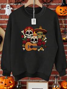Mujer004 Sudadera de cuello redondo para mujer invierno sudadera de manga larga cómoda suave Camisa negra con diseños iconográficos de calaveras, guitarra y flores, perfecta para las festividades de Halloween - Negro - Ver 1