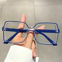 1 Pair Women's Color Block Square Frame Non-Prescription Glasses New Fashion Solid Color Decorative Frame Glasses - 紅色透明 - 查看 1