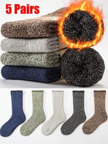5 Pairs Men's Warm Thermal Lined Thermal Socks, Thick Cushioned Mid-Calf Hiking Socks, Fit US Size 4.5-9 / UK Size 3.5-8 / EU Size 36-43, Winter