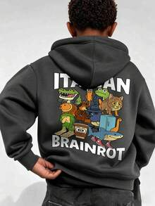 1pc Tween Boy Casual Printed Pullover Sweatshirt, Thermal Lined, Long Sleeve, Autumn/Winter - Dark Grey - View 3