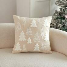 1pc Christmas Beige Color Christmas Tree Embroidered Cushion Cover, For Indoor Decoration, Christmas Decorative Pillow Cover (Without Insert)