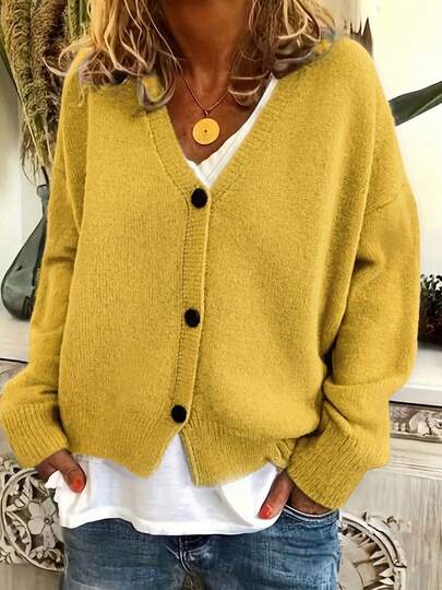 1 件女士加大码 V 领长袖纯色针织面料罗纹纽扣宽松柔软透气休闲装，适合约会、度假、秋冬季日常穿着