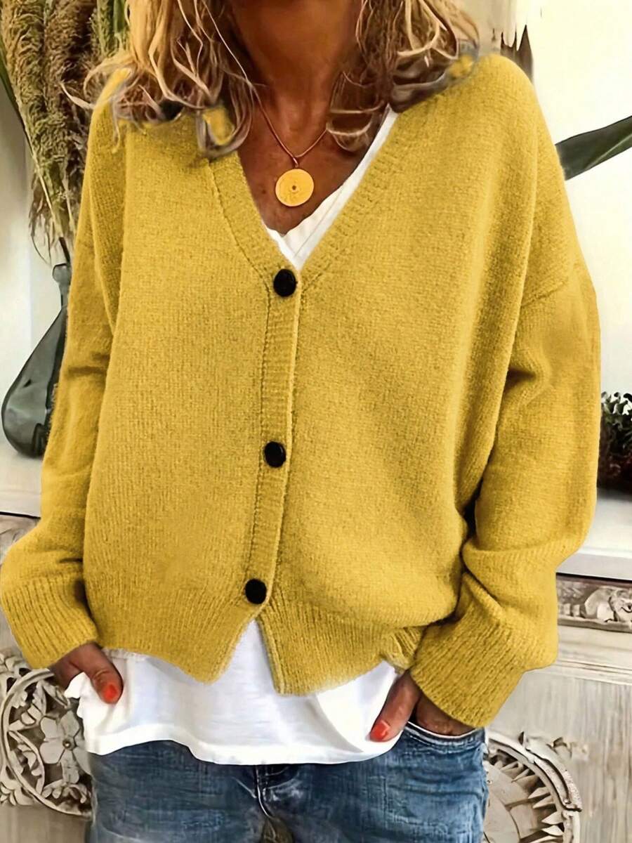 1 Stück Damen Große Größen V-Ausschnitt Langarm Einfarbig Strickstoff Gerippter Knopf Locker Weich Atmungsaktiv Freizeitkleidung, geeignet für Dates, Feiertage, täglichen Gebrauch im Herbst und Winter - Gelb - Übersicht 1
