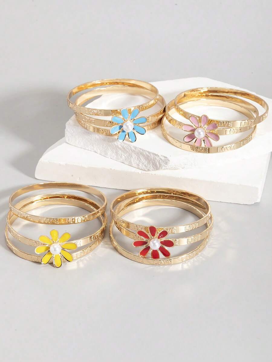 3 قطع سوار أطفال بنات من 3-9 سنوات مزين بالزهور اللؤلؤية متعدد الطبقات فاخر