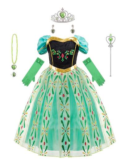 9pcs/Set Patterned Green Short Sleeve Girls Dress Accessories Set, Children Costume For Role Play, Halloween, Birthday