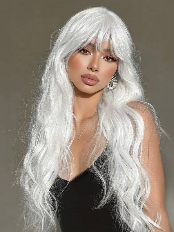 Parrucca Lunga Bianca Da 26 Pollici Con Frangia, Capelli Sintetici Ondulati Naturali Parrucche Sintetiche Per Donne Per Uso Quotidiano E Feste Di Cosplay