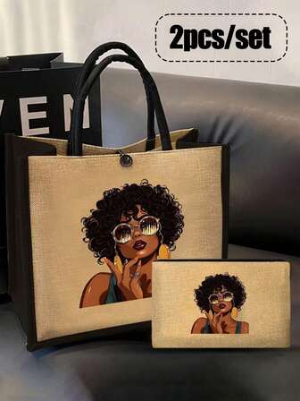 两件套轻便手提包及配套化妆包 - 防水易清洁面料，多口袋设计，适合购物、旅行、海滩、教师节礼物等场合，女士亚麻大容量手提包。这款便携休闲收纳手提包设计新颖，容量大，是理想的购物袋、手拿包、口袋包、女士手拿包、女士礼物、圣诞礼物、女士送礼佳品。