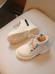 1 Pair Beige Thermal Lined Warm Ankle Boots For Toddlers & Kids, Soft & Comfortable Elastic Plush + PU Material, Warm Zipper Design Round Toe Soft Sole, Simple & Fashionable, Suitable For Boys & Girls Indoor/Outdoor Wear, Autumn/Winter New - Beige - View 4