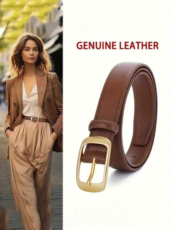 Genuine Leather Women's Solid Color Simple Buckle Decoration Fashion Black Denim Belt Summer, School,Brown Belt, Halloween