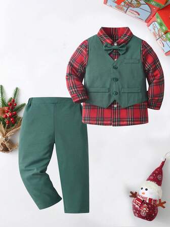 BOARNSEORL 男婴绅士套装三件套：长袖蝴蝶结衬衫、马甲和绿色长裤，时尚优雅，适合日常穿着、圣诞节、生日、婚礼等场合。